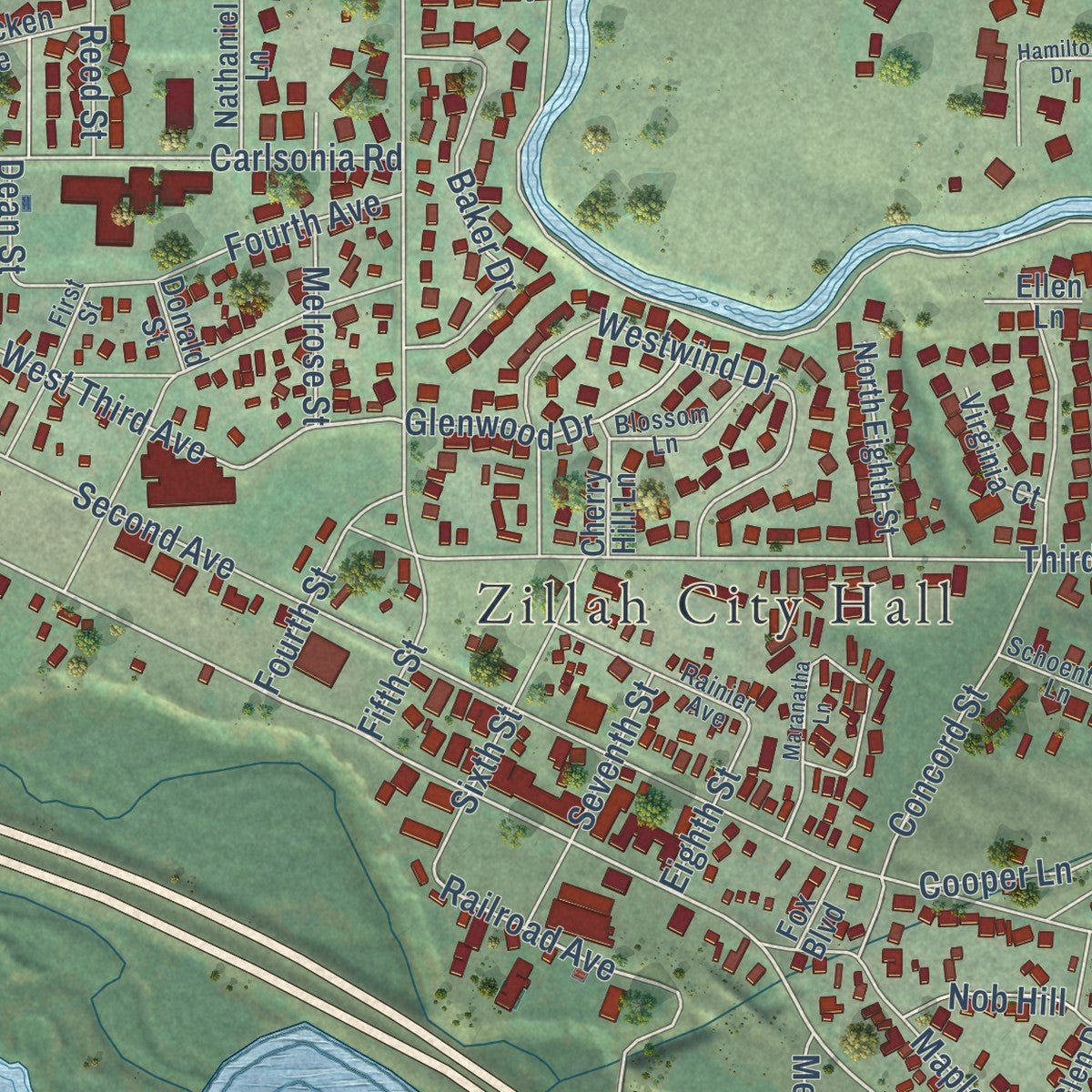 Close-up of the map of Zillah, Washington print showing street and building detail