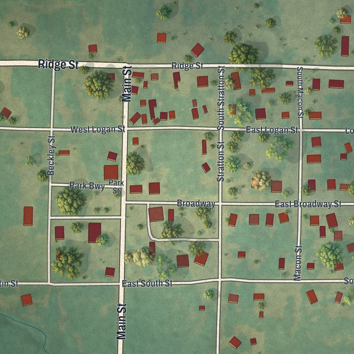 Close-up of the map of Jerico Springs, Missouri print showing street and building detail