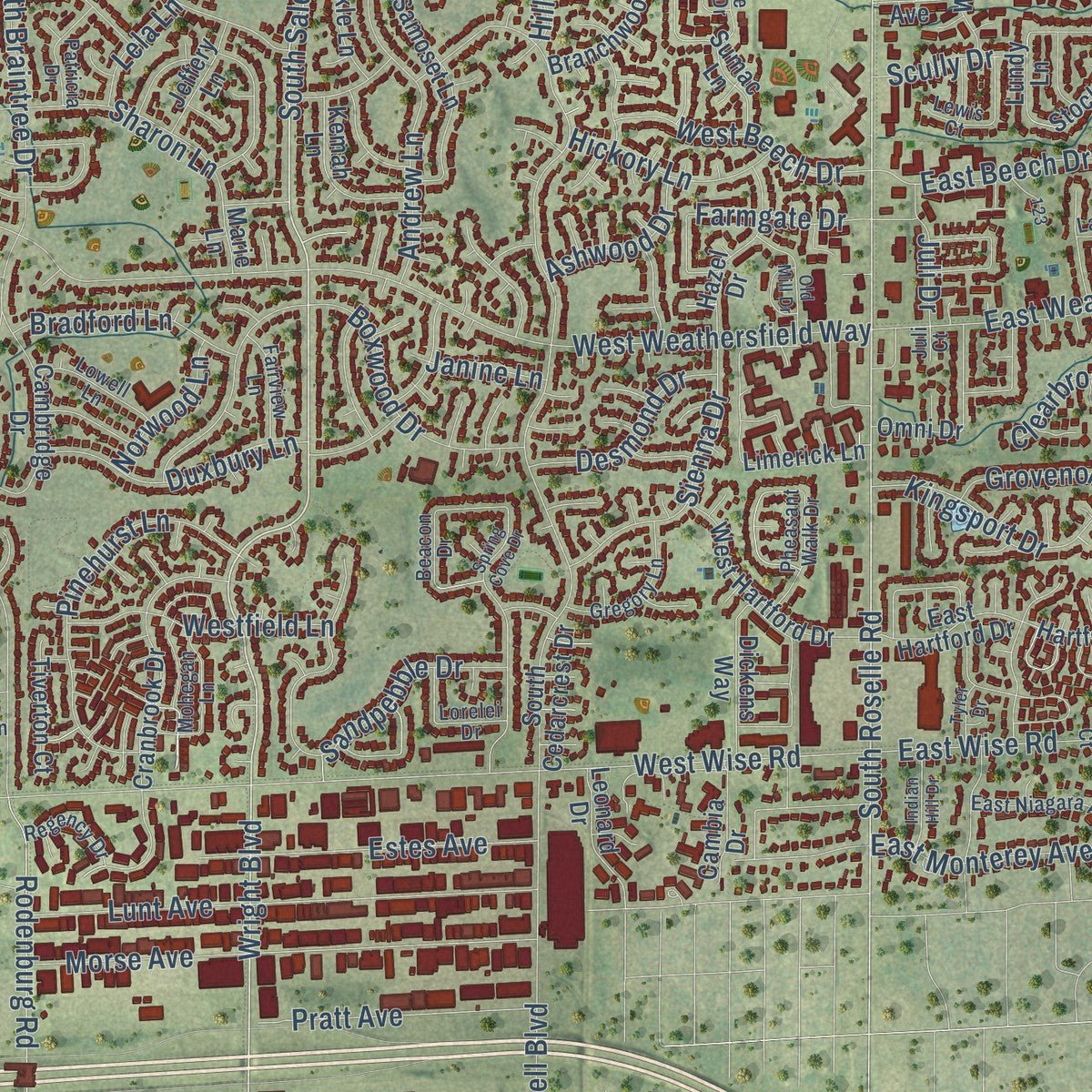 Close-up of the map of Schaumburg, Illinois print showing street and building detail