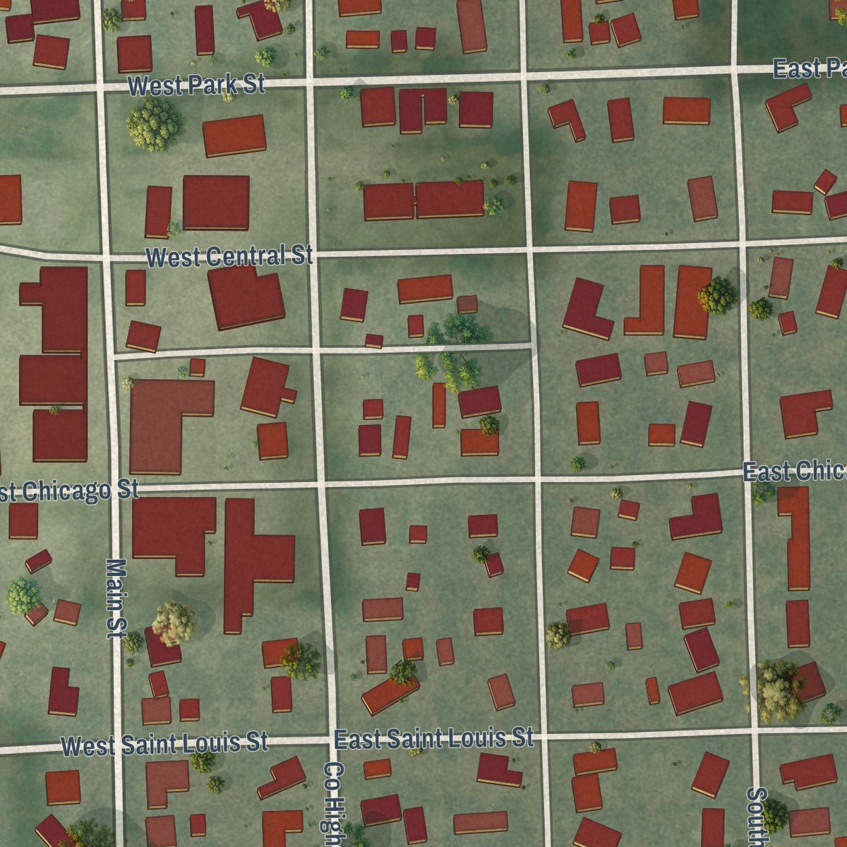 Close-up of the map of Minier, Illinois print showing street and building detail