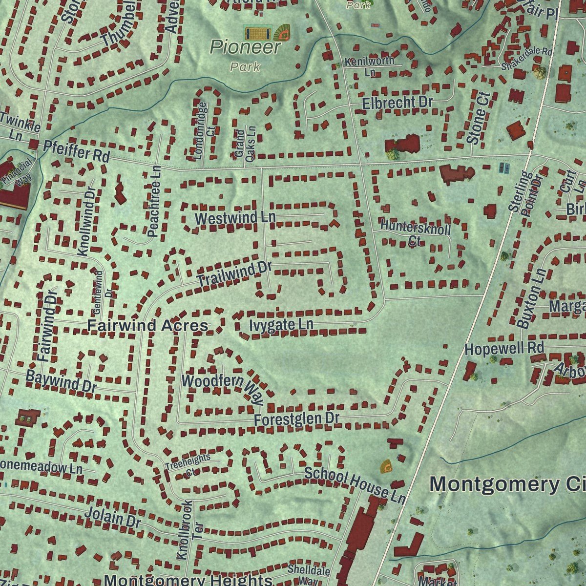 Close-up of the map of Montgomery, Ohio print showing street and building detail