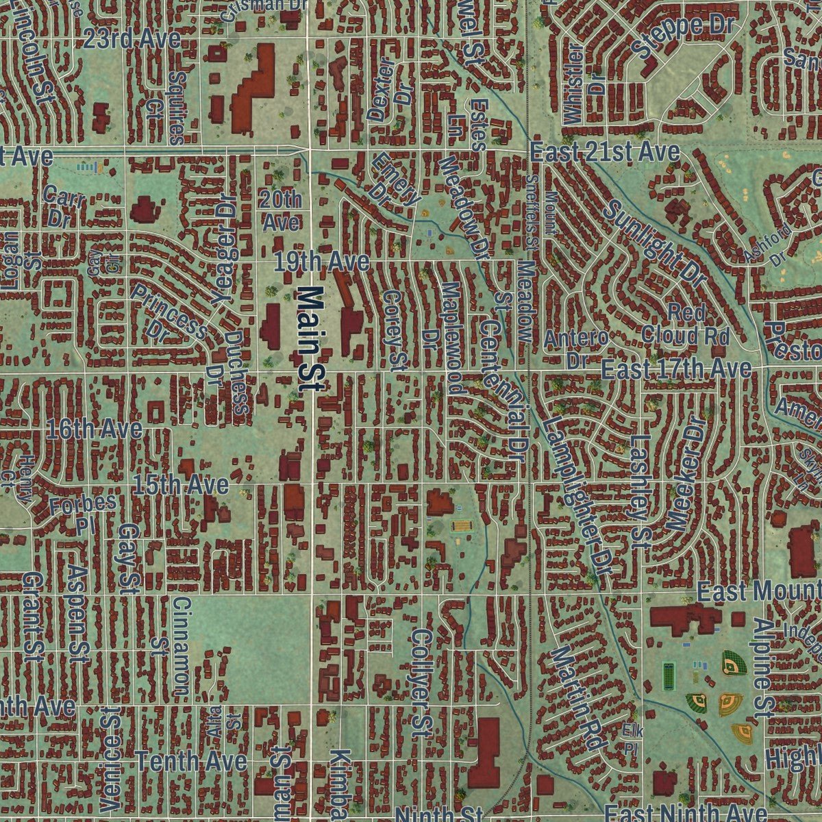 Close-up of the map of Longmont, Colorado print showing street and building detail