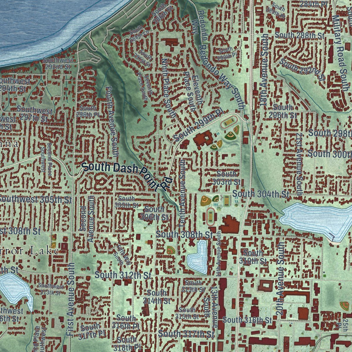 Close-up of the map of Federal Way, Washington print showing street and building detail