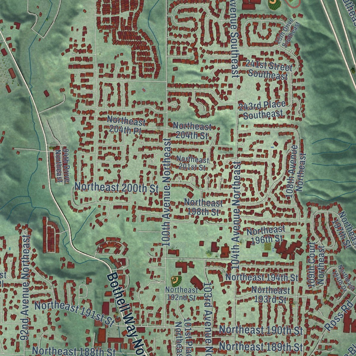 Close-up of the map of Bothell, Washington print showing street and building detail