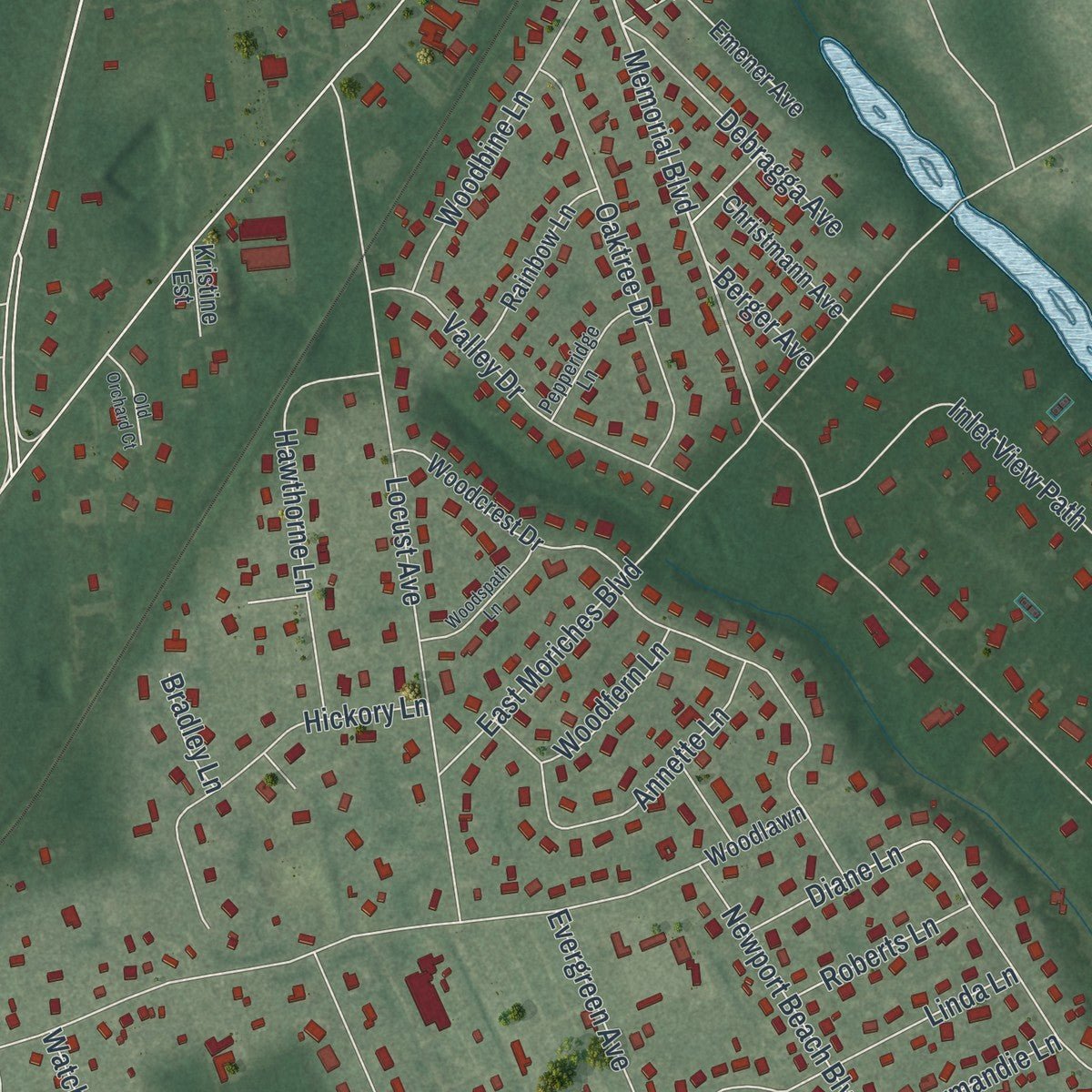 Close-up of the map of East Moriches, New York print showing street and building detail
