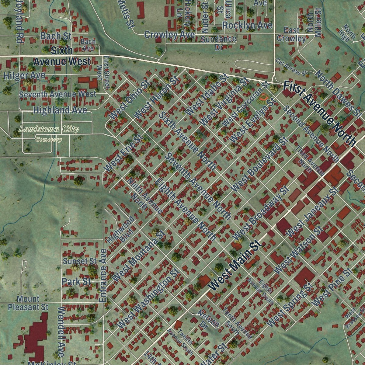 Close-up of the map of Lewistown, Montana print showing street and building detail