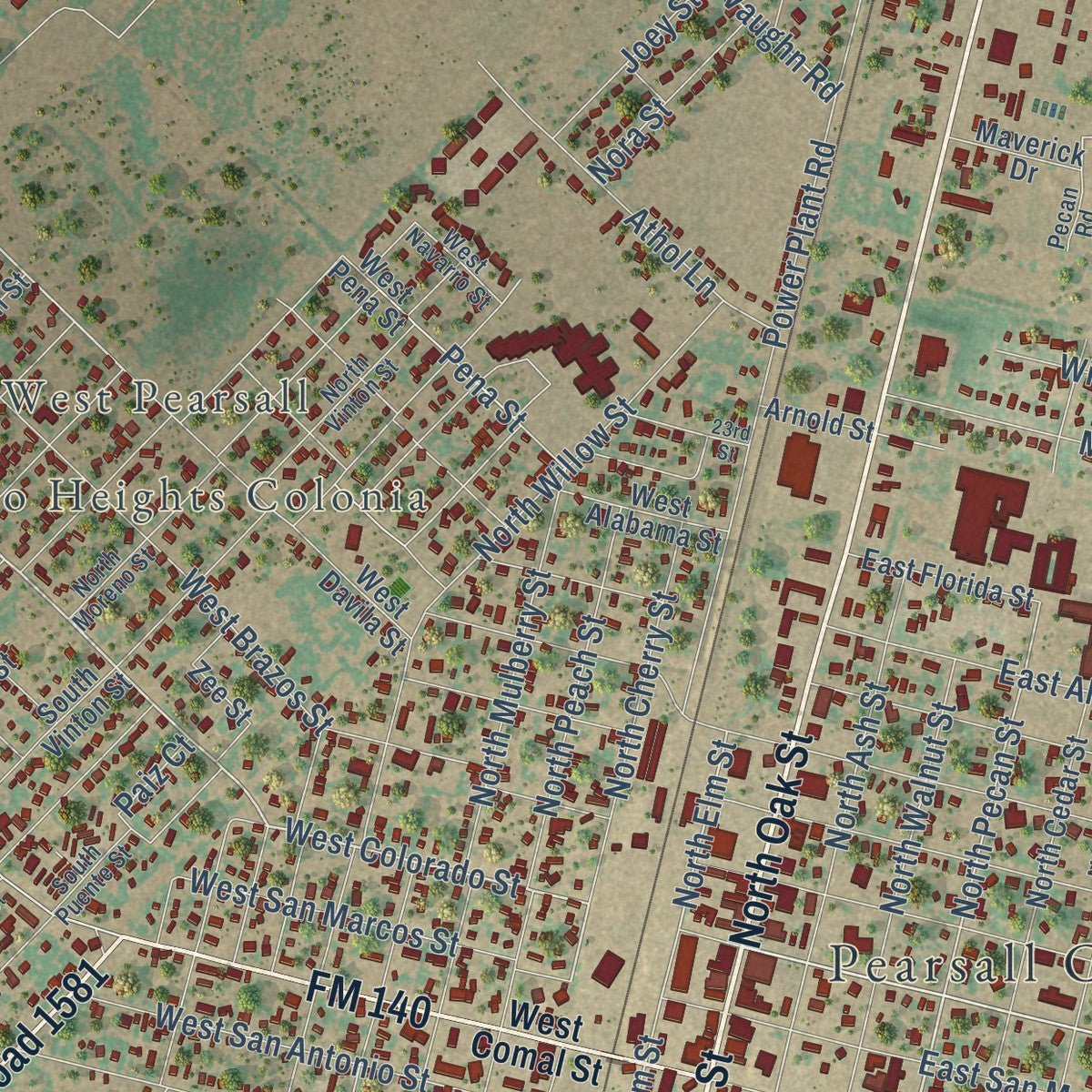 Close-up of the map of Pearsall, Texas print showing street and building detail
