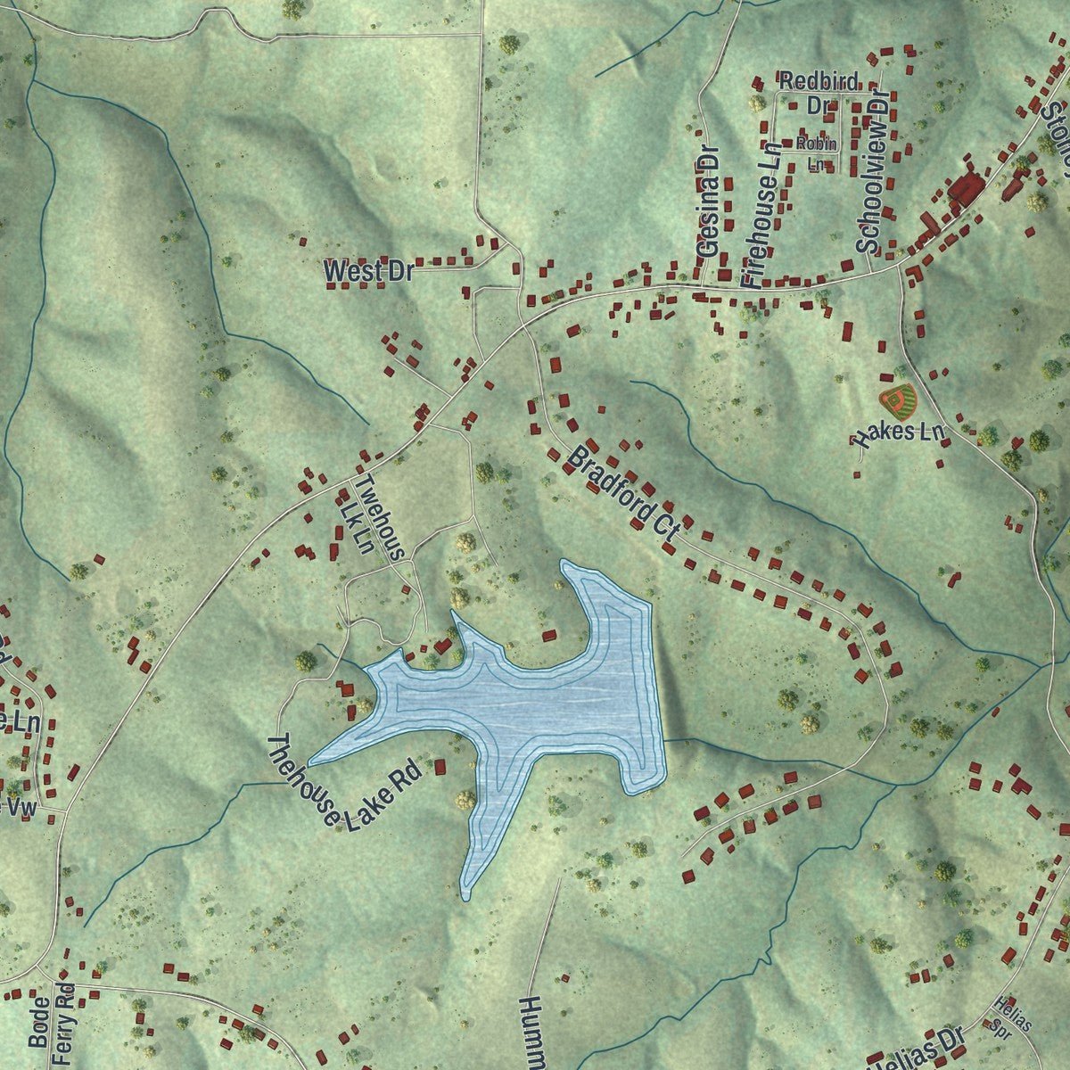 Close-up of the map of Taos, Missouri print showing street and building detail
