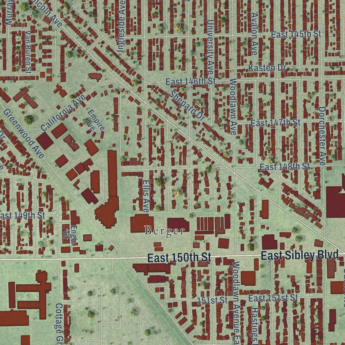 Close-up of the map of Dolton, Illinois print showing street and building detail