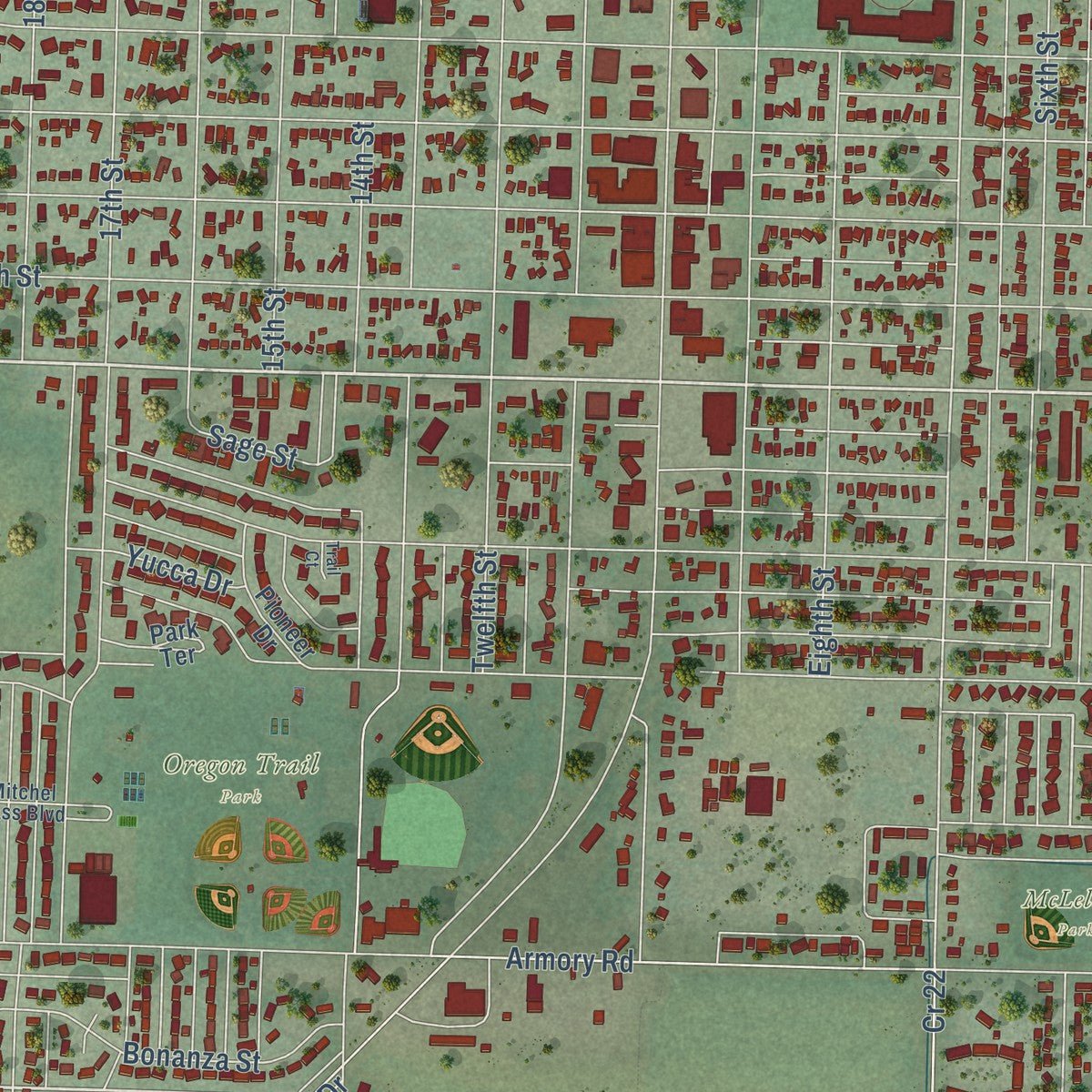 Close-up of the map of Gering, Nebraska print showing street and building detail