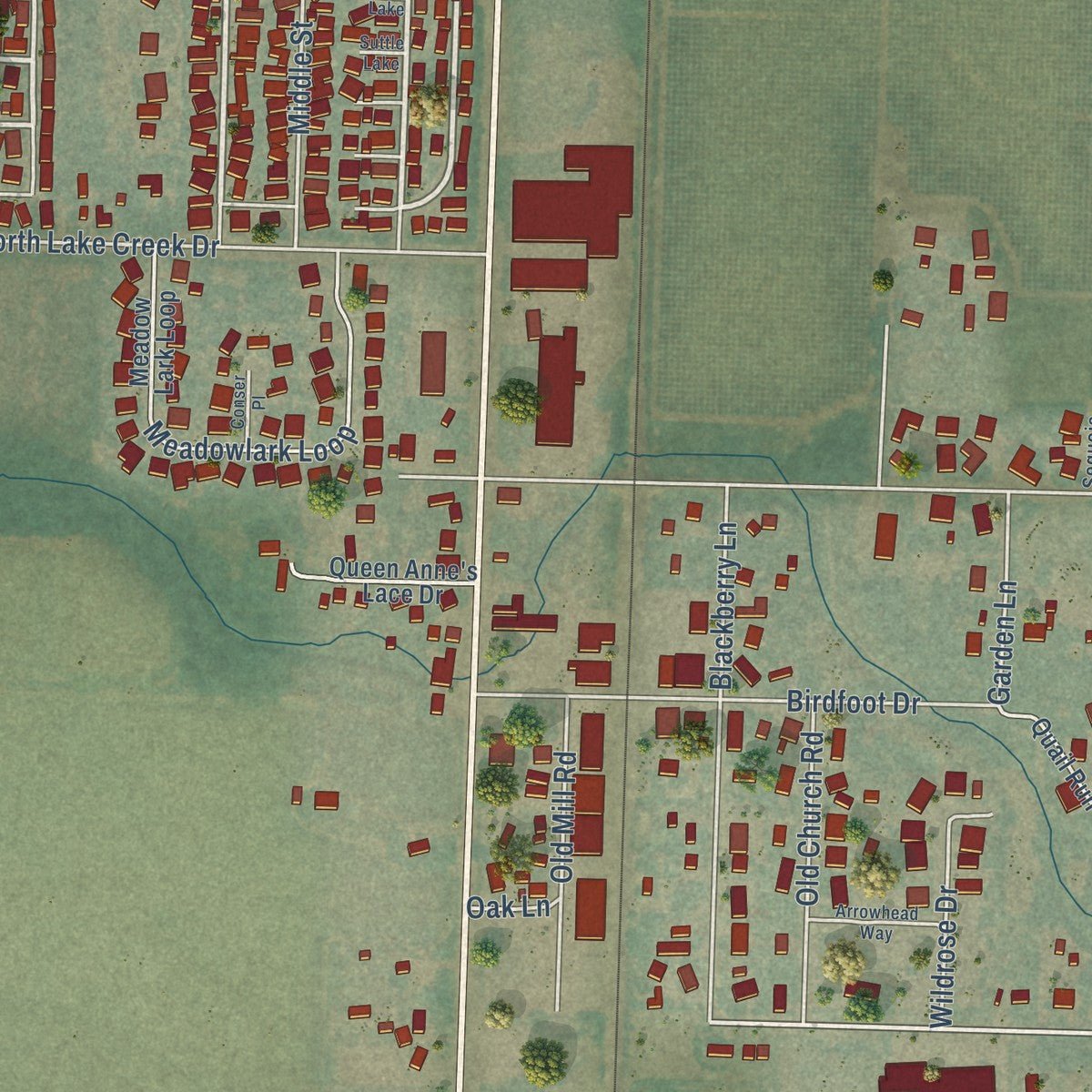 Close-up of the map of Tangent, Oregon print showing street and building detail