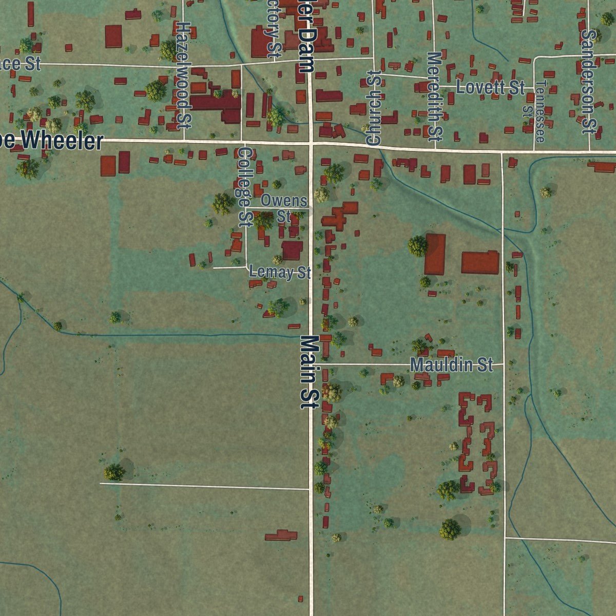 Close-up of the map of Town Creek, Alabama print showing street and building detail