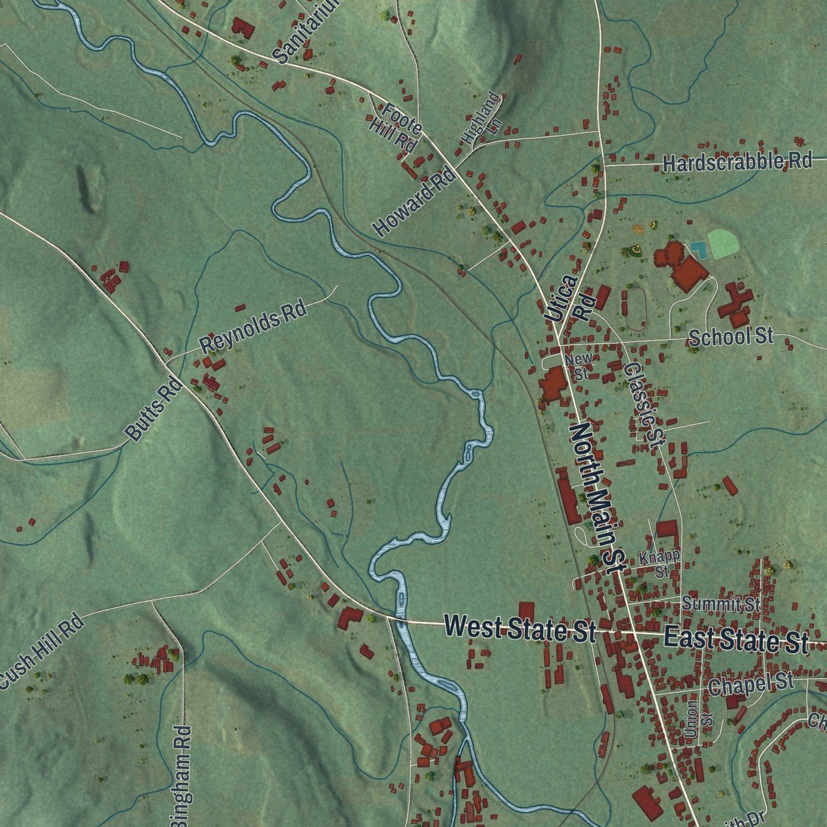 Close-up of the map of Sherburne, New York print showing street and building detail