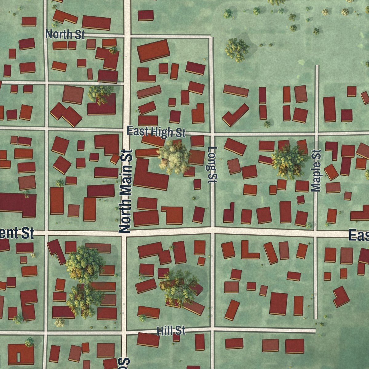 Close-up of the map of Pleasant Hill, Ohio print showing street and building detail