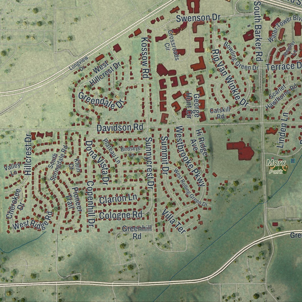 Close-up of the map of the Town of Brookfield, Wisconsin print showing street and building detail