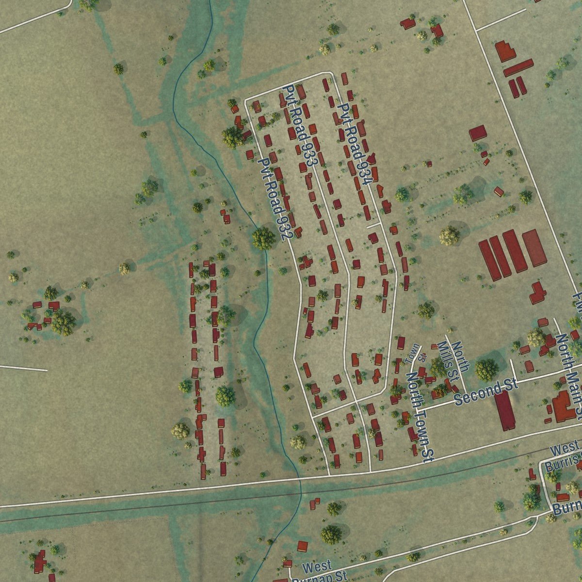 Close-up of the map of Weir, Texas print showing street and building detail
