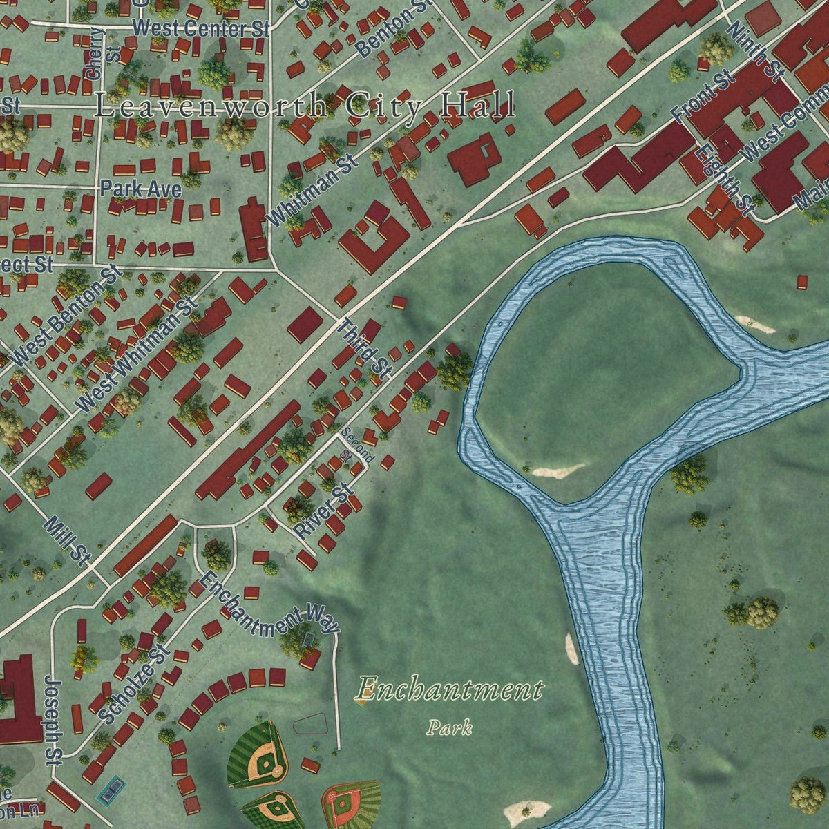 Close-up of the map of Leavenworth, Washington print showing street and building detail