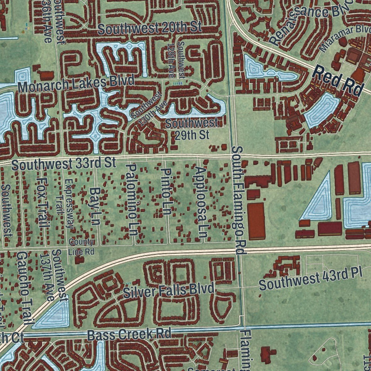 Close-up of the map of Miramar, Florida print showing street and building detail
