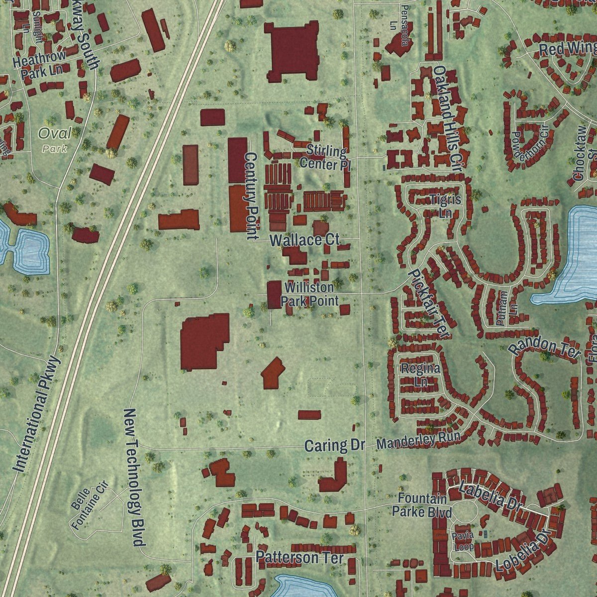 Close-up of the map of Lake Mary, Florida print showing street and building detail