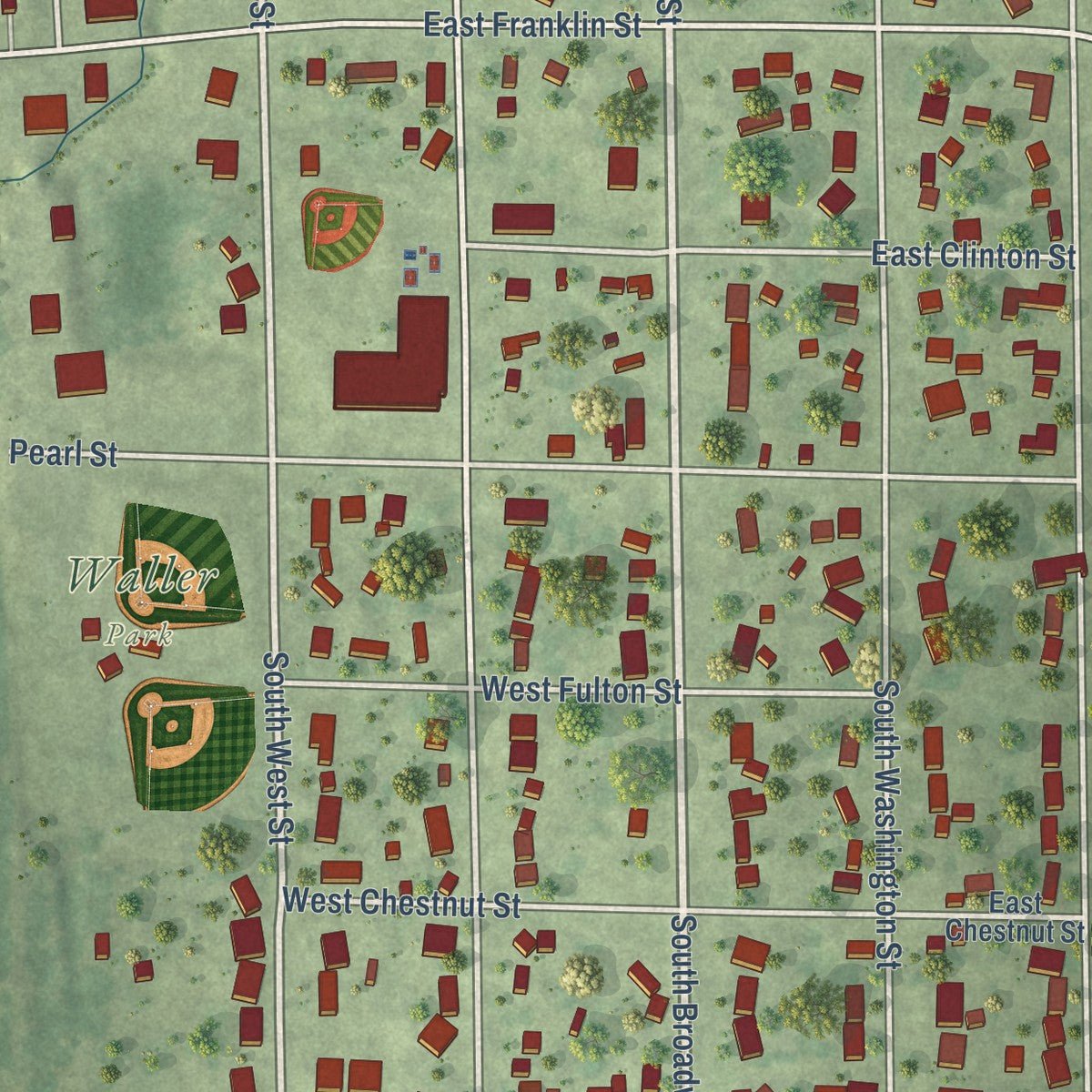 Close-up of the map of Hudson, Illinois print showing street and building detail