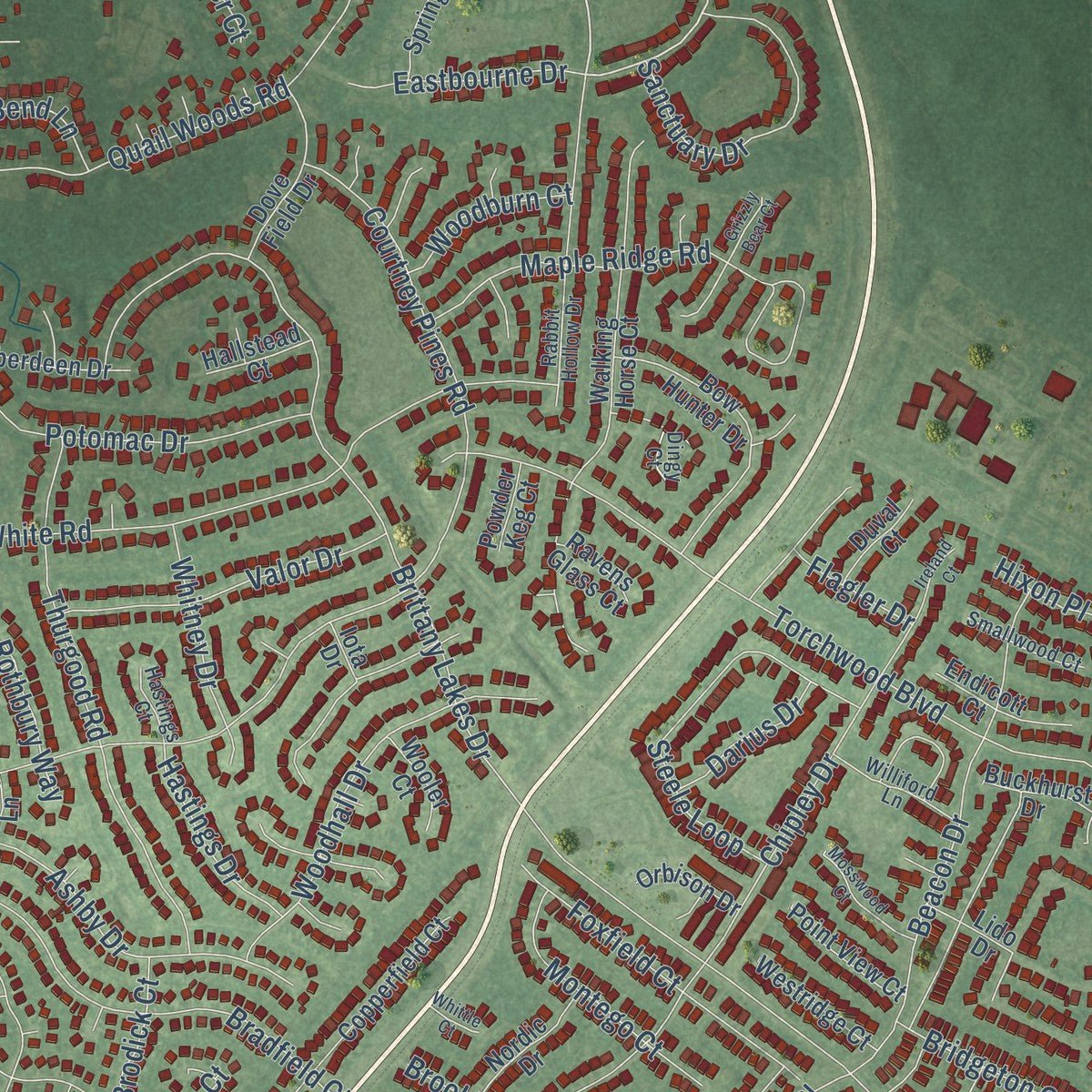 Close-up of the map of Murraysville, North Carolina print showing street and building detail