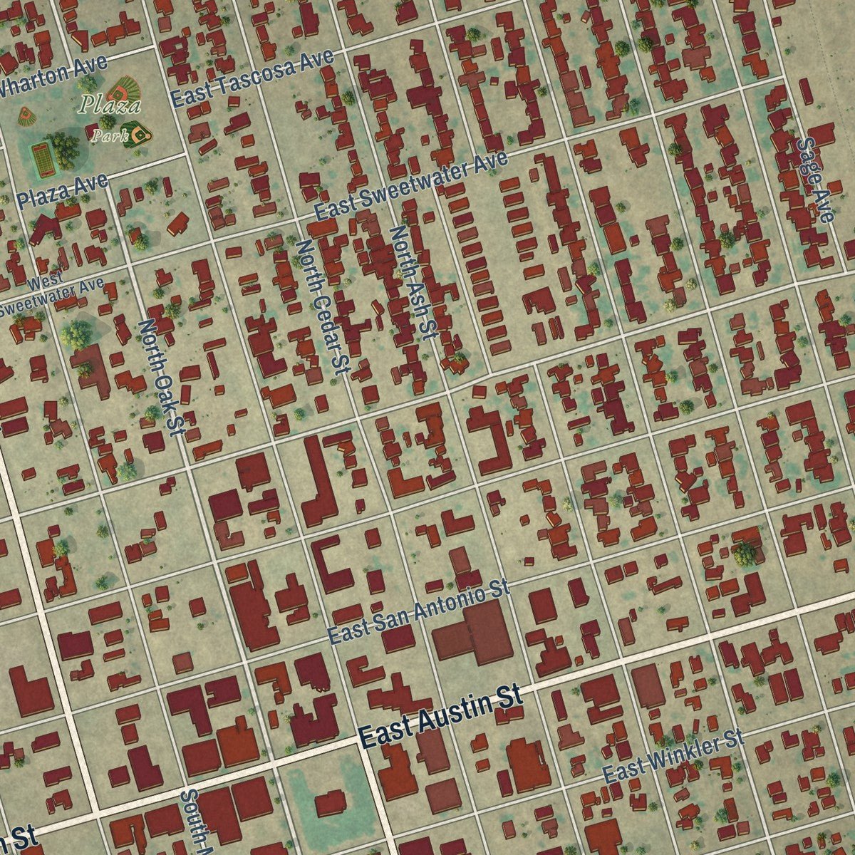 Close-up of the map of Kermit, Texas print showing street and building detail