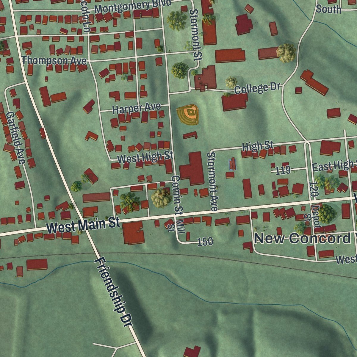 Close-up of the map of New Concord, Ohio print showing street and building detail