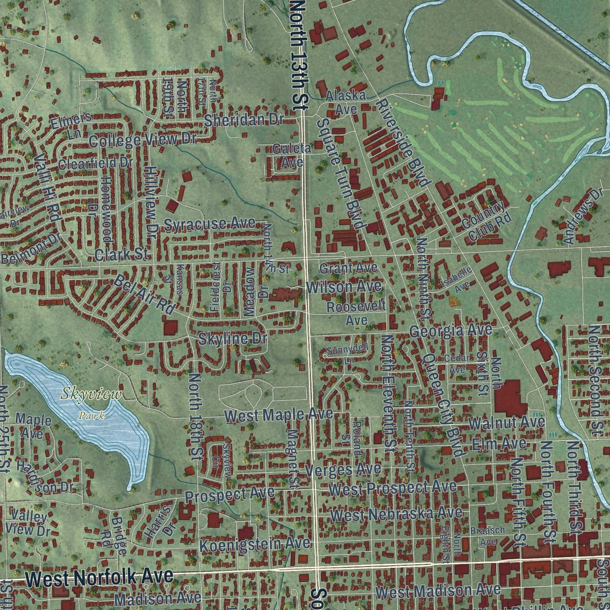 Close-up of the map of Norfolk, Nebraska print showing street and building detail