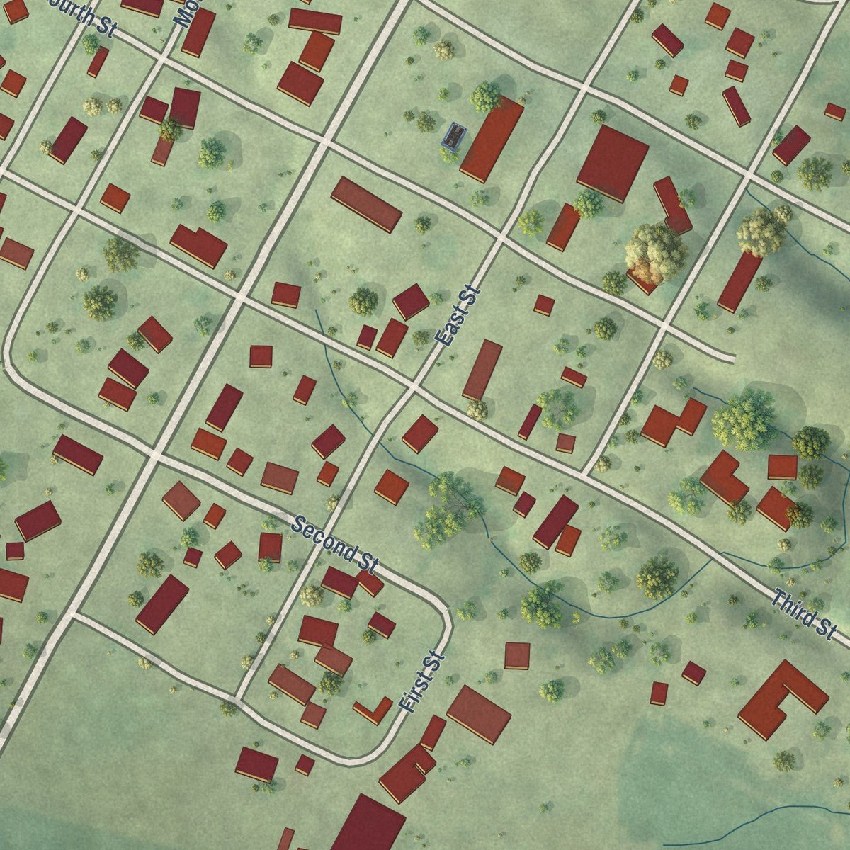 Close-up of the map of Manchester, Illinois print showing street and building detail