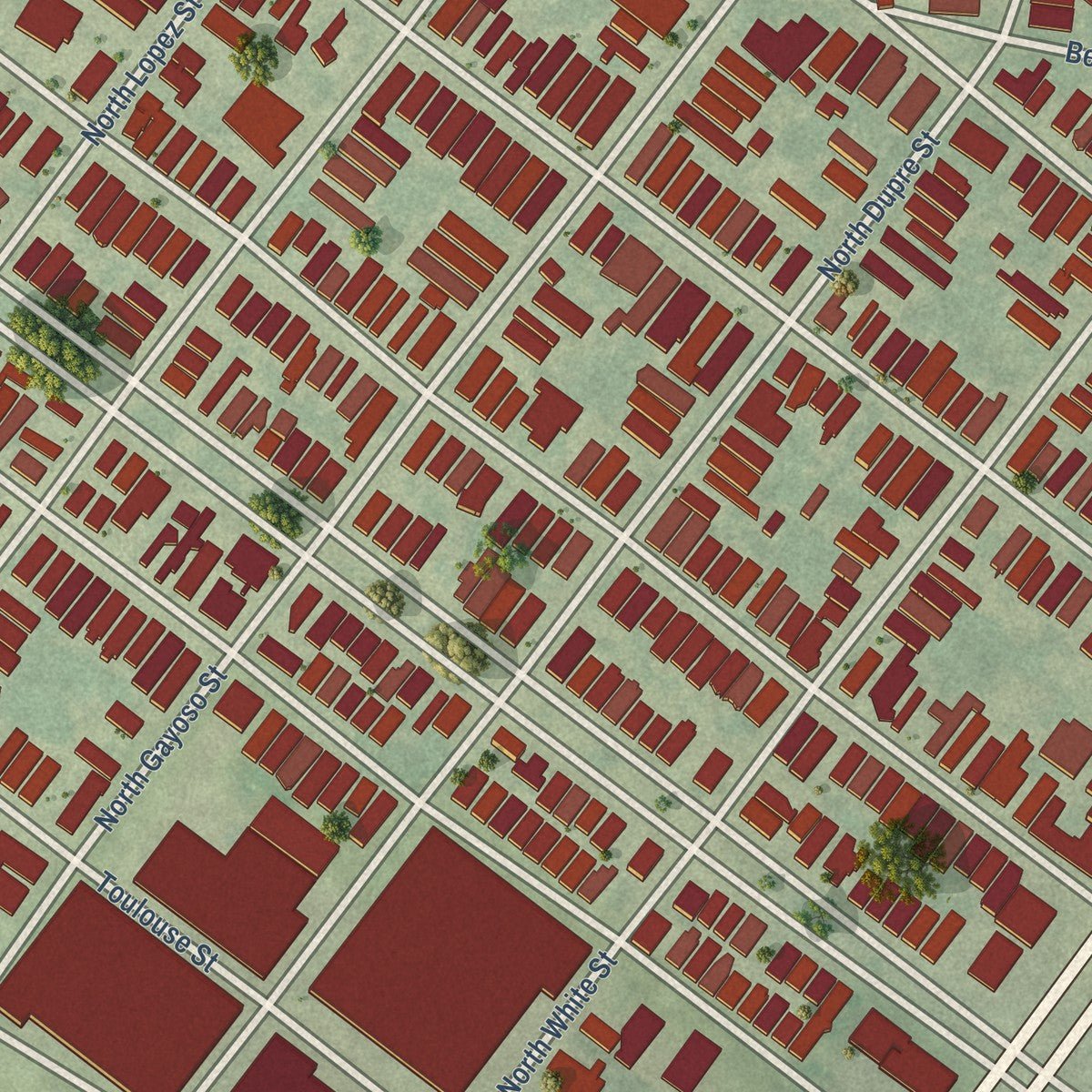 Close-up of the map of Bayou St. John, Louisiana print showing street and building detail