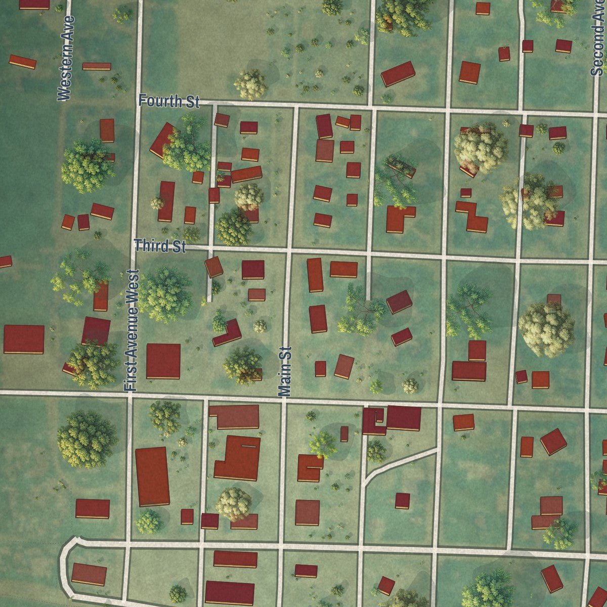 Close-up of the map of Reeder, North Dakota print showing street and building detail