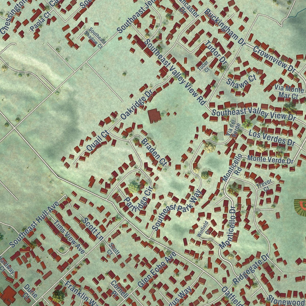 Close-up of the map of Gladstone, Oregon print showing street and building detail