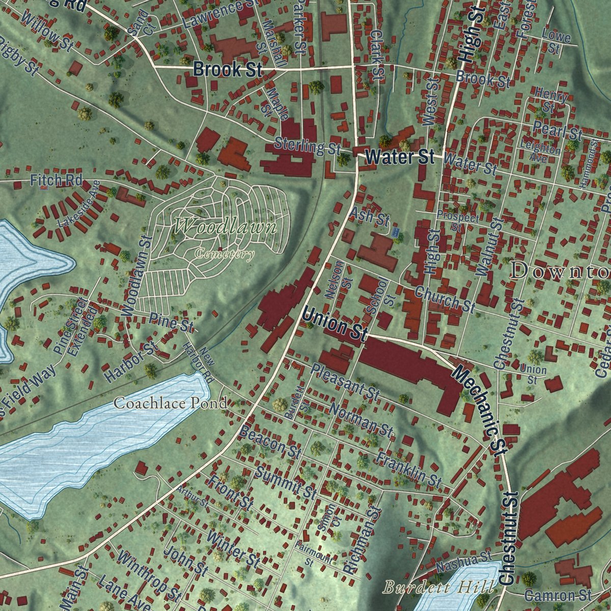 Close-up of the map of Clinton, Massachusetts print showing street and building detail