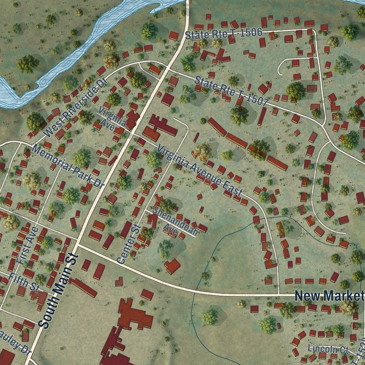 Close-up of the map of Timberville, Virginia print showing street and building detail