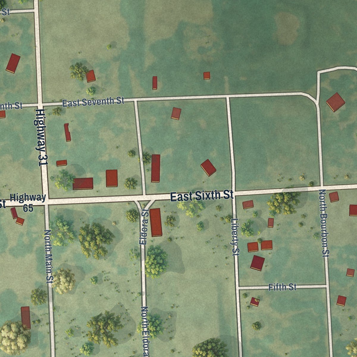 Close-up of the map of Mapleton, Kansas print showing street and building detail