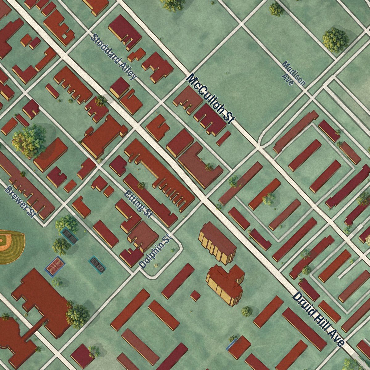 Close-up of the map of Upton, Maryland print showing street and building detail