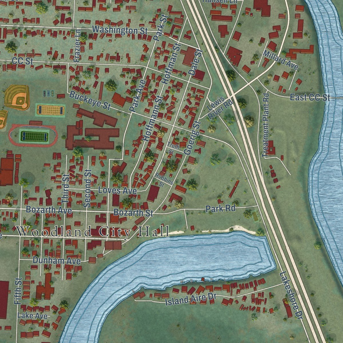 Close-up of the map of Woodland, Washington print showing street and building detail