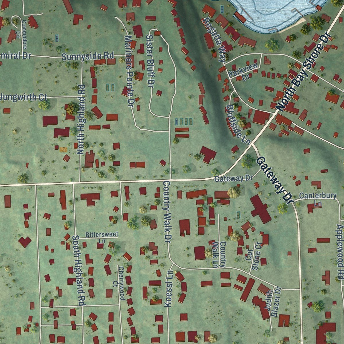 Close-up of the map of Sister Bay, Wisconsin print showing street and building detail