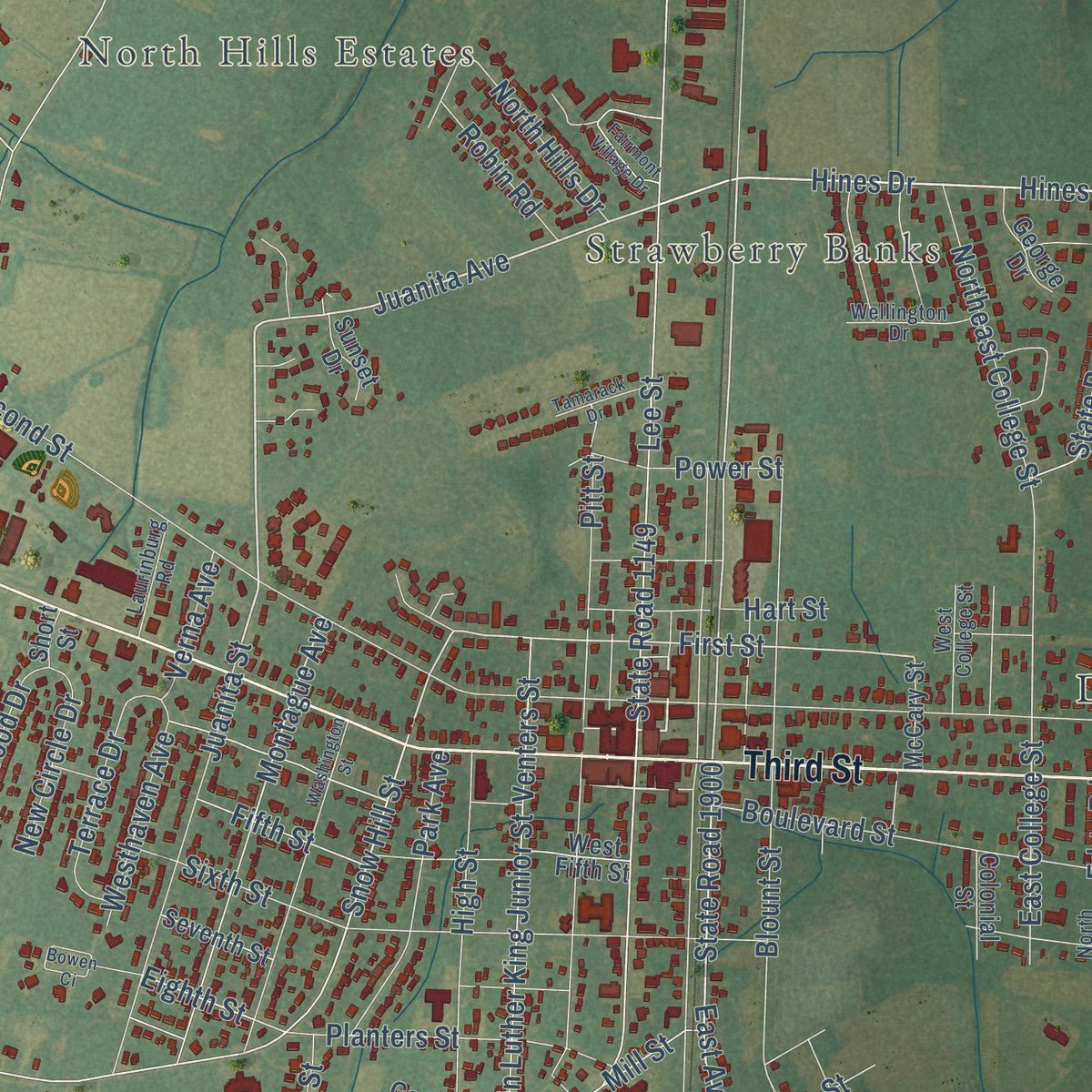 Close-up of the map of Ayden, North Carolina print showing street and building detail