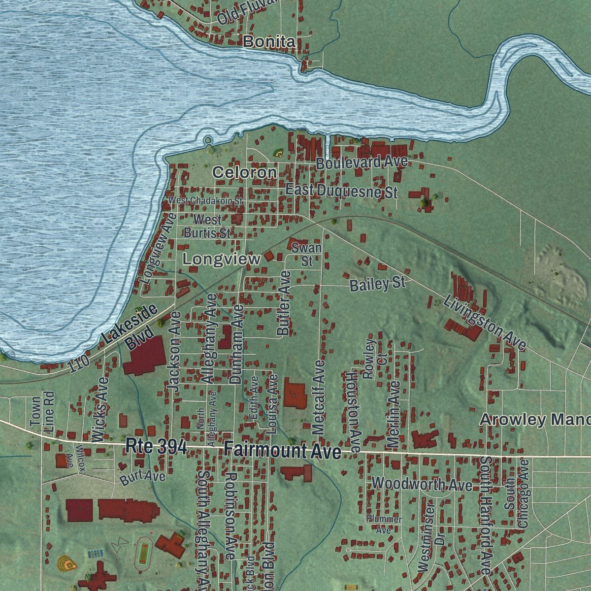 Close-up of the map of Ellicott, New York print showing street and building detail