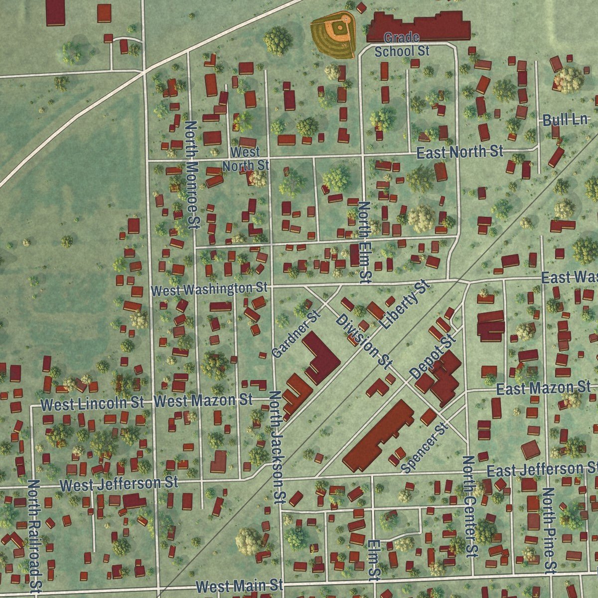 Close-up of the map of Gardner, Illinois print showing street and building detail