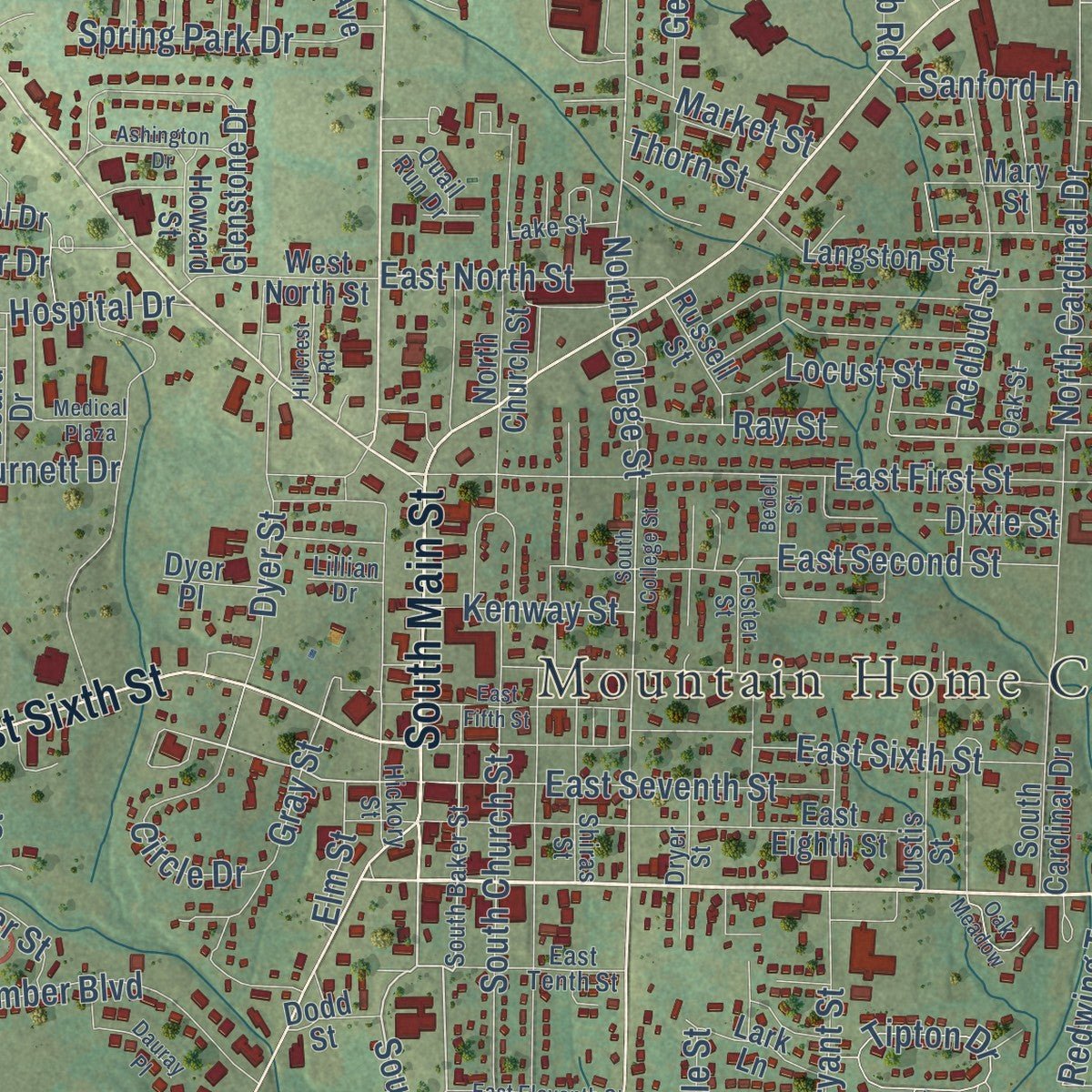 Close-up of the map of Mountain Home, Arkansas print showing street and building detail