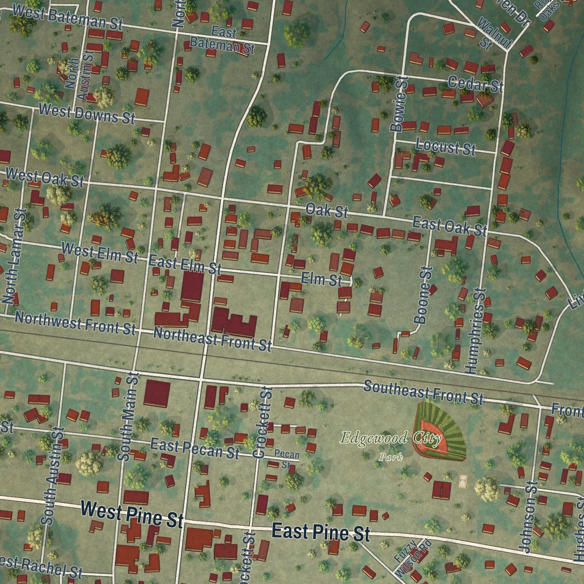 Close-up of the map of Edgewood, Texas print showing street and building detail