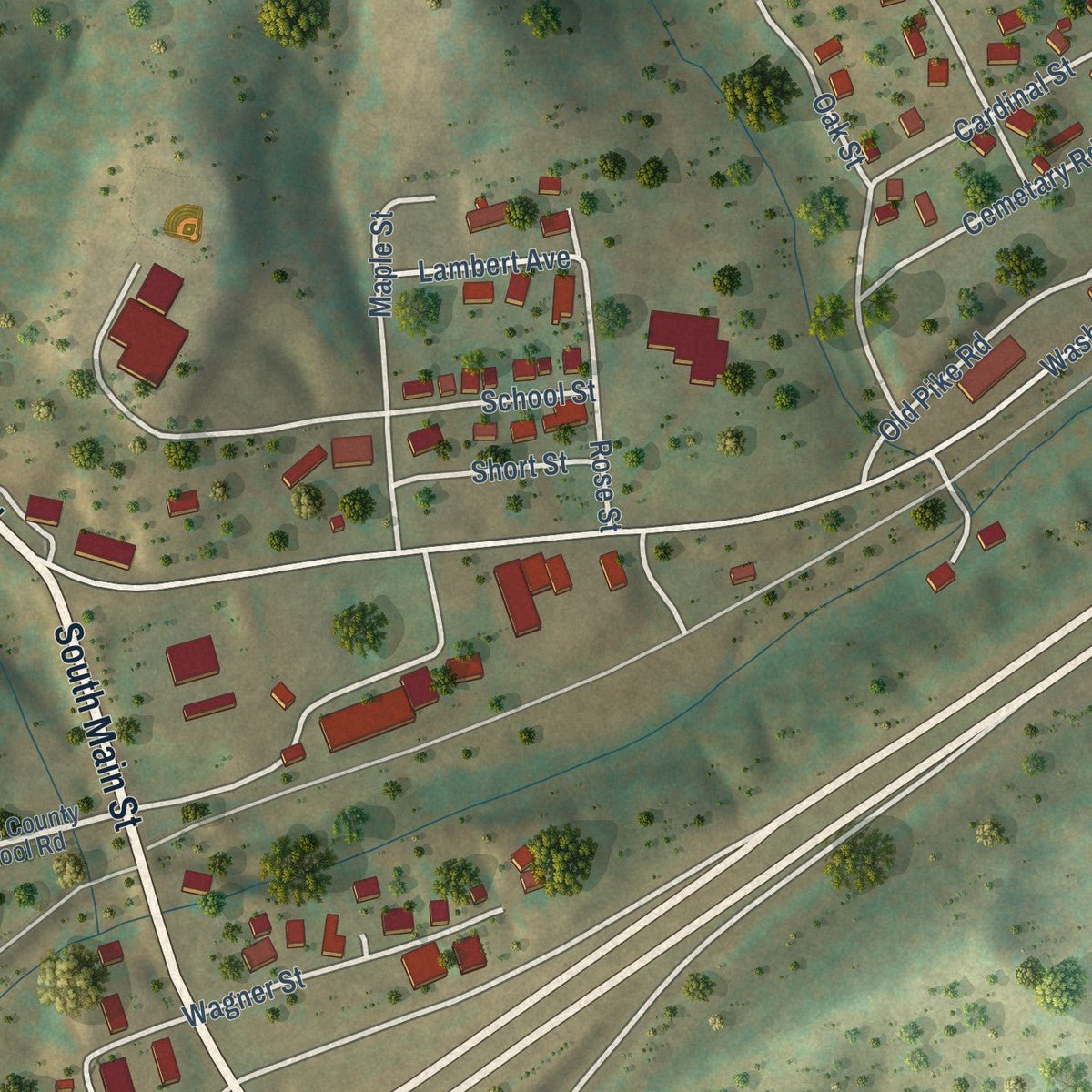 Close-up of the map of Ellenboro, West Virginia print showing street and building detail