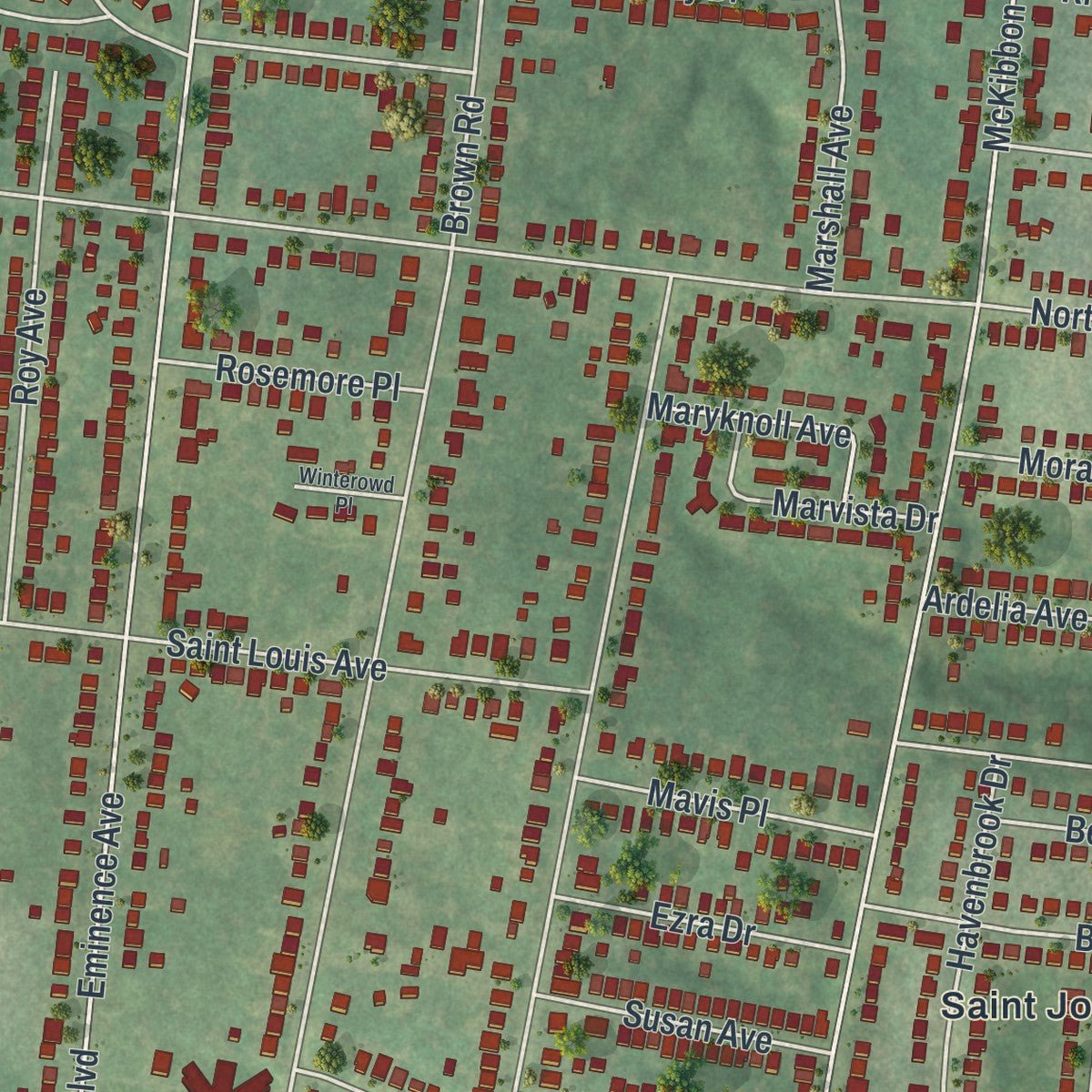 Close-up of the map of St. John, Missouri print showing street and building detail