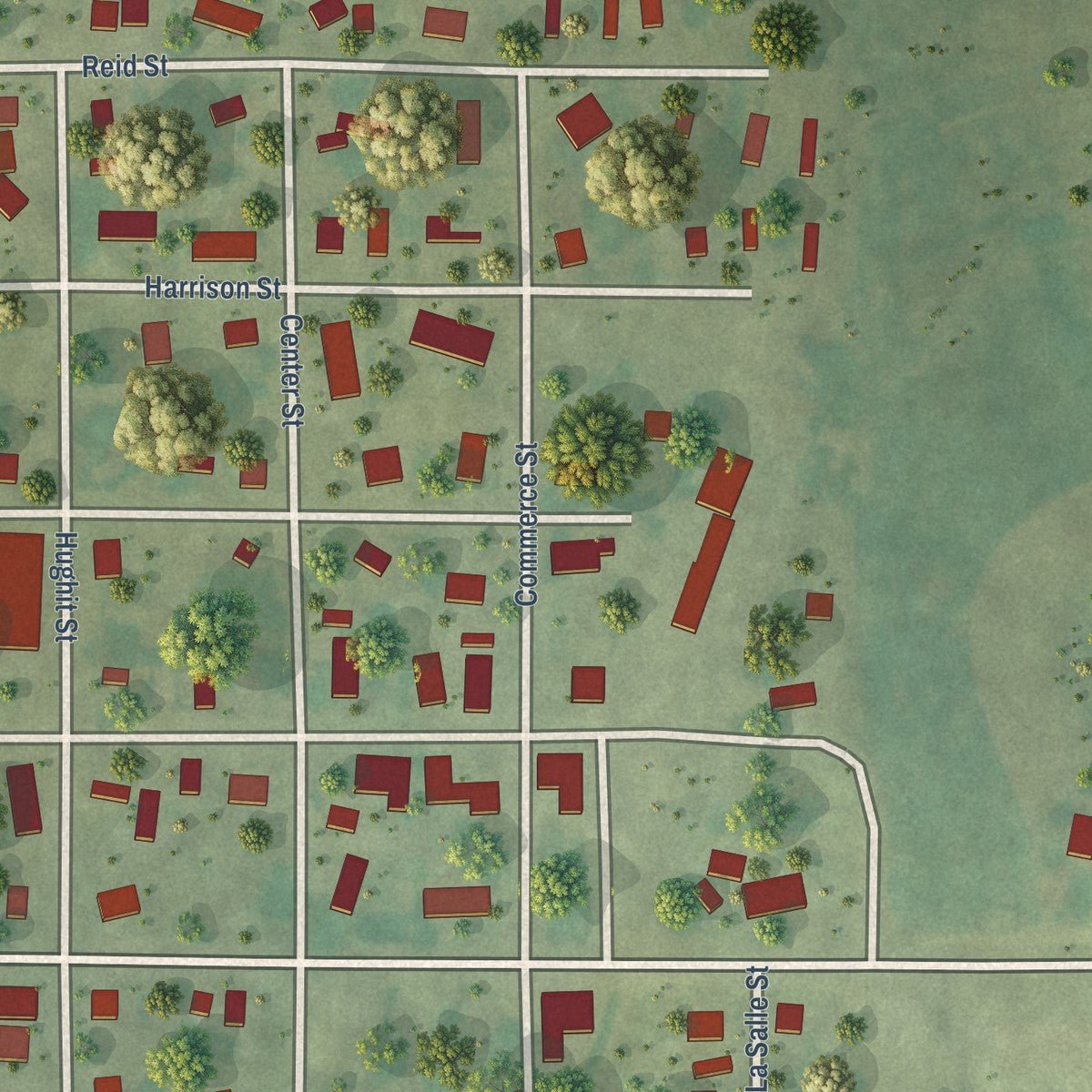 Close-up of the map of Rewey, Wisconsin print showing street and building detail