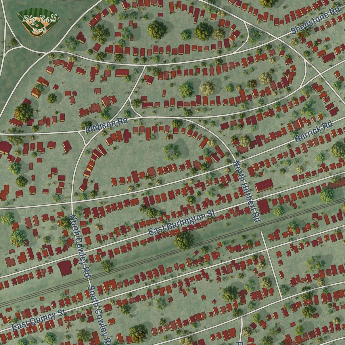 Close-up of the map of Riverside, Illinois print showing street and building detail