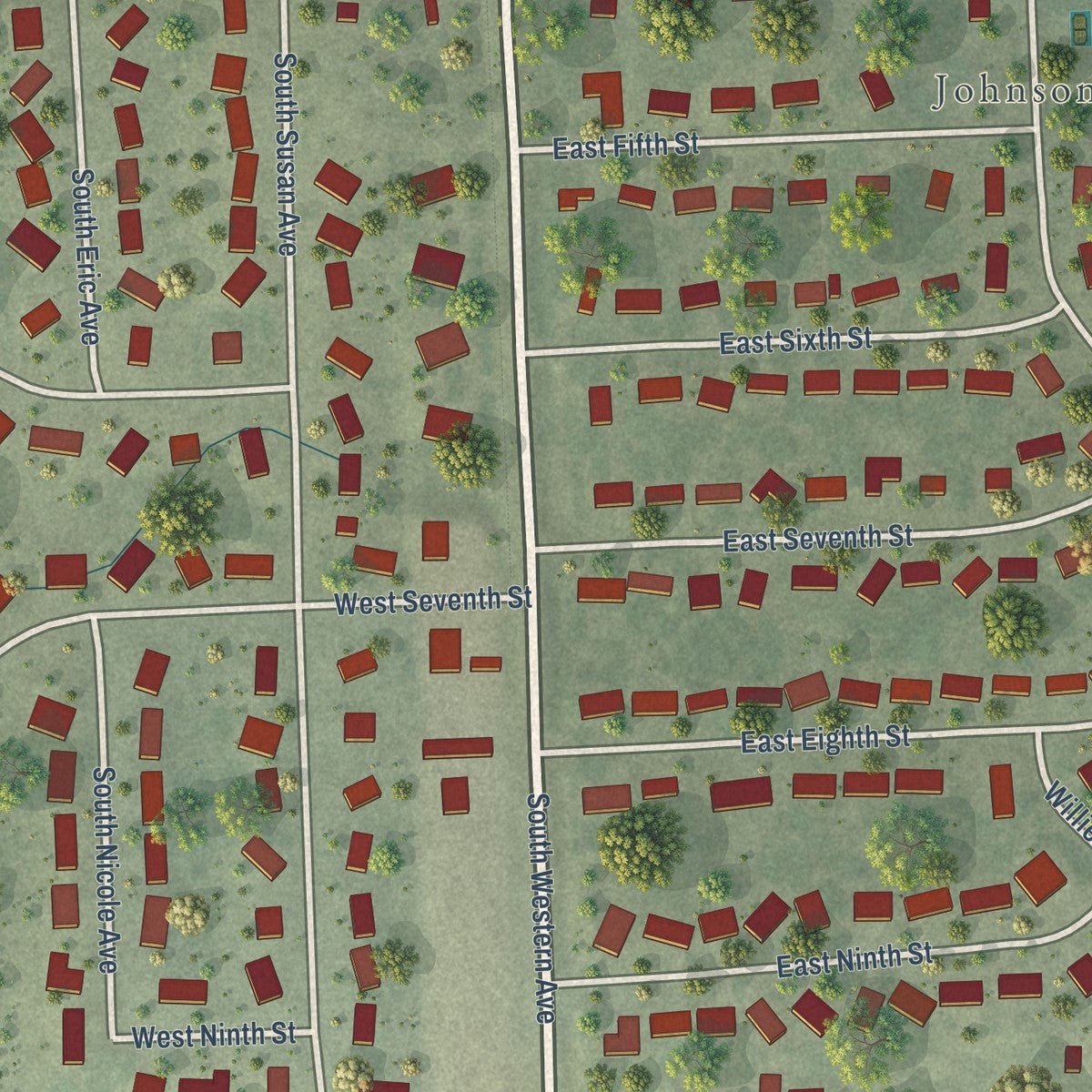 Close-up of the map of Crooks, South Dakota print showing street and building detail