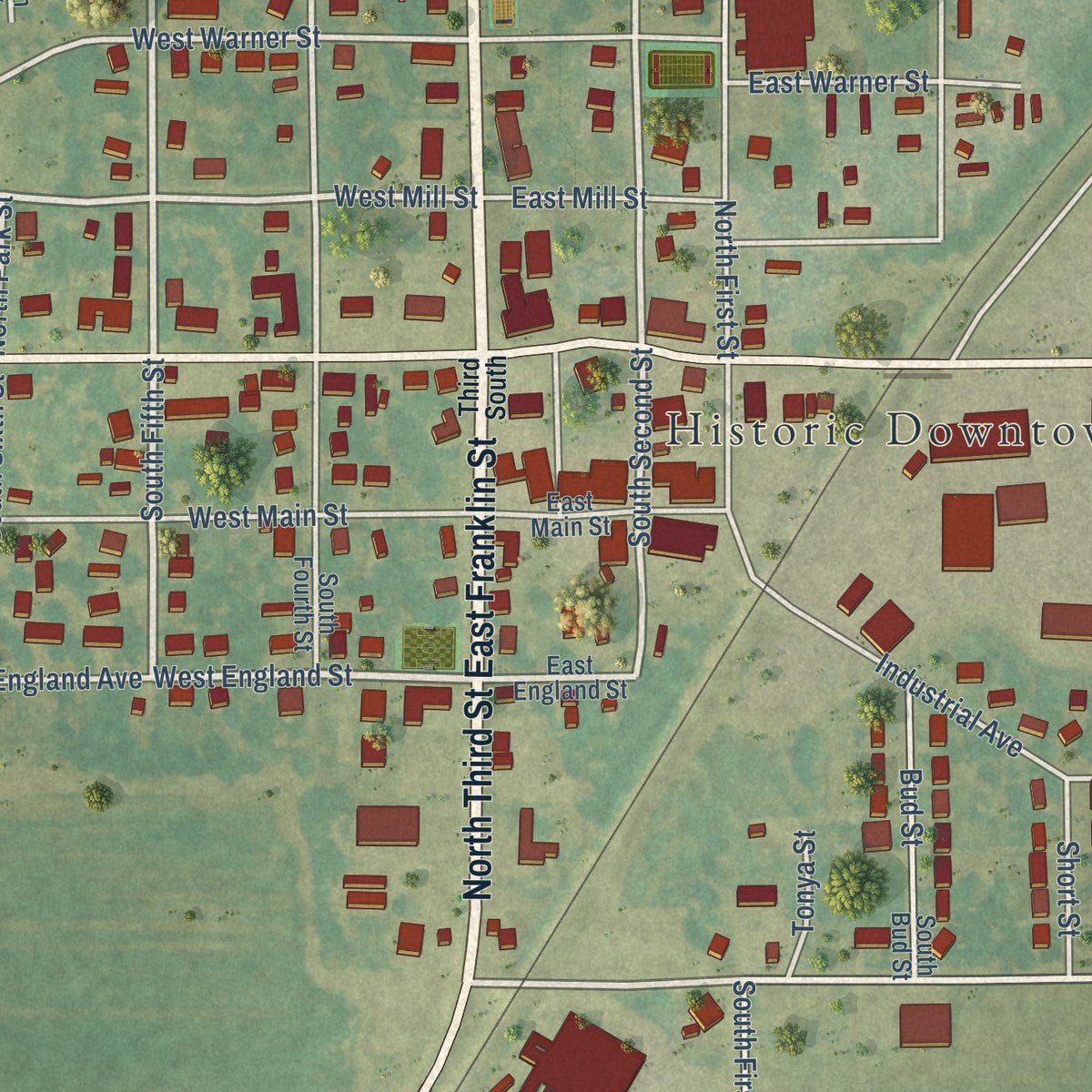 Close-up of the map of Marmaduke, Arkansas print showing street and building detail