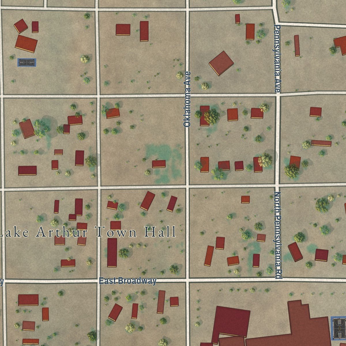 Close-up of the map of Lake Arthur, New Mexico print showing street and building detail